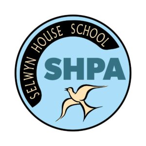 Circular school logo with "SELWYN HOUSE SCHOOL," "SHPA," and a stylized bird. Blue background with black and cream text and graphics.